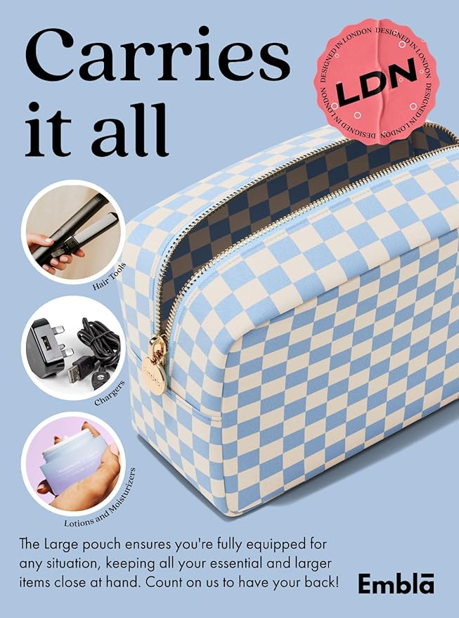 Embla Makeup Bag Travel Cosmetics Pouch and Toiletry Bag, Nylon Zipper Pouch Purse, Cute Make Up Organizer Storage Tote for Women Girls,Travel Skincare Case, Large Makeup Case, Sky Checkered