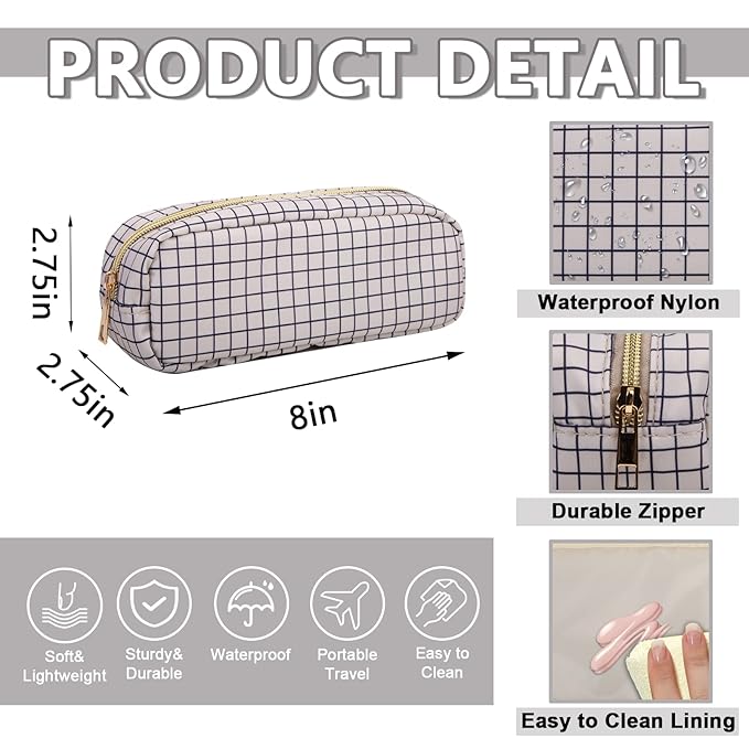 Small Pencil Case Makeup Bag for Purse, Cute Pencil Pouch Nylon Preppy Checkered Makeup Brush Bag with Zipper, Girls Portable Stationery Storage Case Small Pen Bag for Office School (Slim-Checkered)