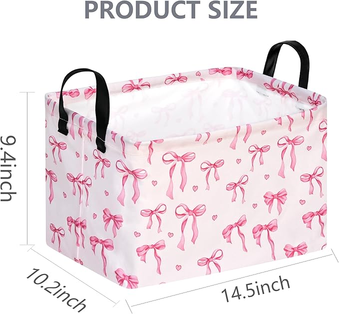 Rec Pink Bowknot Print Storage Box Clothes Hamper Basket Collapsible Organizer Bin Gift Shelf Baskets for Home and Kitchen Storage.