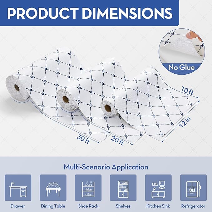 Drawer Shelf and Cabinet Liner, Thick Strong Grip,Shelf Liners Non-Adhesive Liners Protect Kitchen Cabinets and Cupboard, Bathroom Drawers,Under Sink Mat, 12" x10', Blue Stripe