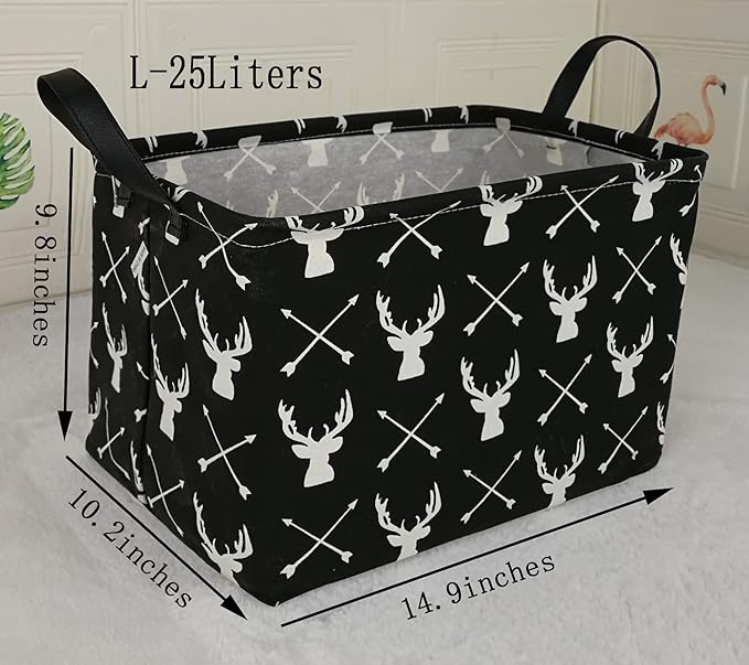 KUNRO Rectang Black Storage Basket Gift Shelf Basket Storage Bin, Nursery Basket Organizer Box for With Handles for Room Deco (Deer)