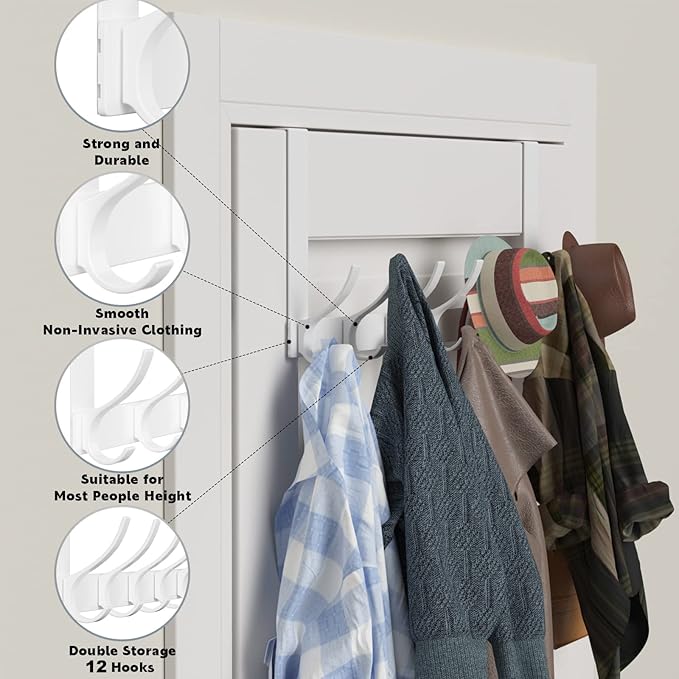 Peasulin Over The Door Hooks, Sturdy Door Hanger, Large Over The Door Towel Rack with 12 Hooks, Heavy Duty Easy to Install, for Bathroom, Bedroom，Kitchen，Hanging Towels, Coats (White)