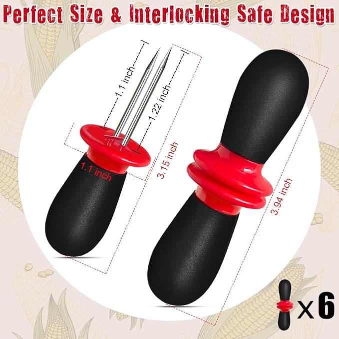 12 Pcs/6 Pairs Corn Holders, Stainless Steel Corn Cob Holders Corn on The Cob Skewers for Home Cooking BBQ Parties Camping, Red-Black