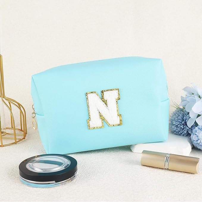 Gifts for Girls Initial Makeup Bag Personalized Cosmetic Bag with Zipper Cute Travel Toiletry Bag Waterproof PU Preppy Makeup Pouch Birthday Gift for Teen Girls Women(Blue N)