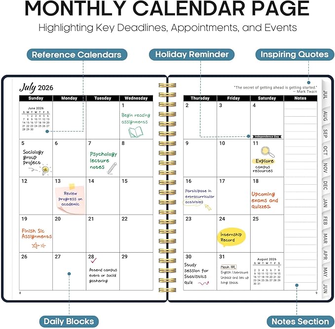 Planner 2026-2027, Academic Year Weekly and Monthly Calender Planner, from Jul 2026 - Jun 2027, Spiral Bound School Planning Book, Perfect for Teacher, Student, Women & Men, A5 (6.3" x 8.5"), Golden Butterfly