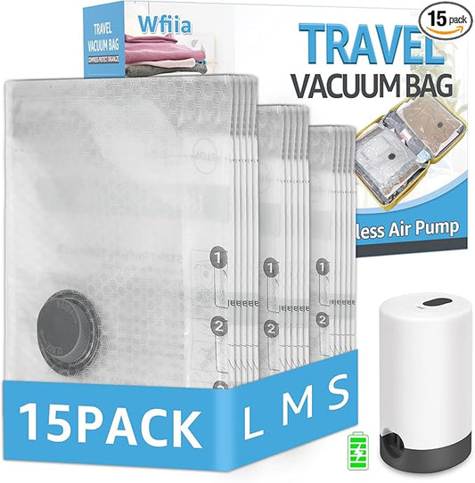 Vacuum Bags for Travel with Rechargeable Pump, 15 Packs of 3 Sizes Vacuum Seal Bags for Clothing, Space-Saving Compression Vacuum Travel Bags for Luggage, Vacuum Packing Bags for Closet Organization