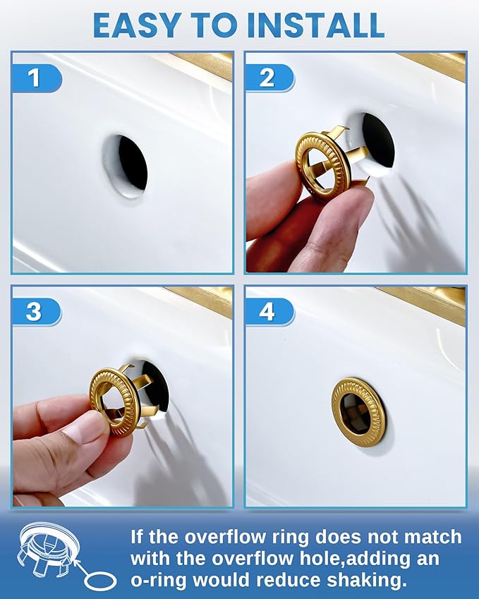 2 Pack Sink Overflow Ring, WOWOW Bathroom Kitchen Sink Basin Trim Copper Overflow Cover Hole Insert Cap, Vanity Sink Trim Rings (Brushed Gold)