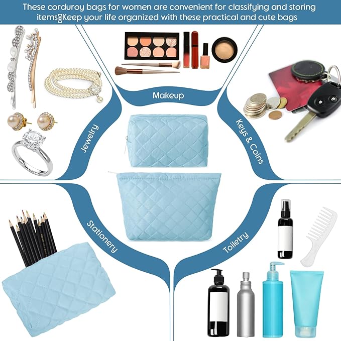 2 Pcs Pencil Case Quilted Makeup Bag Aesthetic Cosmetic Pouch for Women Puffer Travel Toiletry Bag Set Cotton Small Purse Pouch Makeup Organizer with Zipper(Blue)