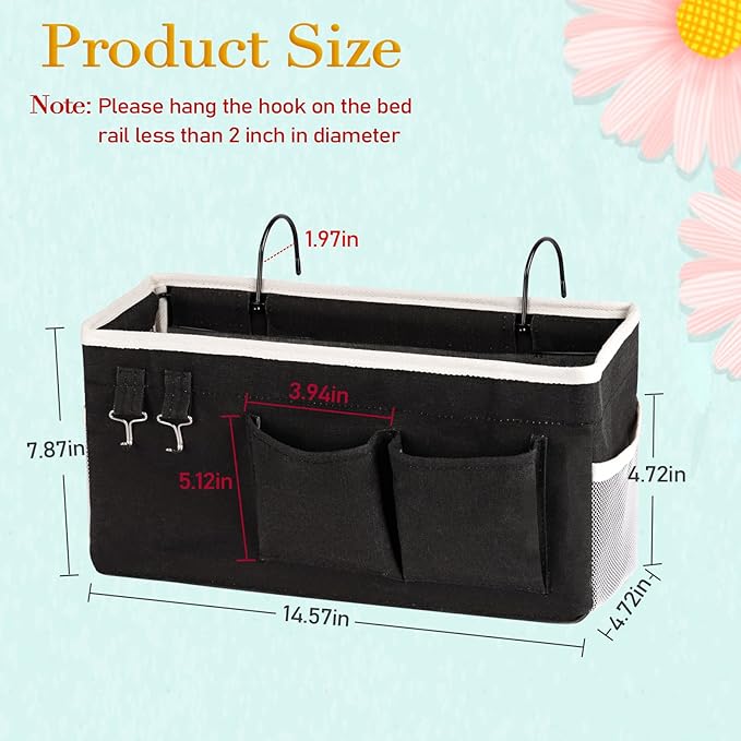 Ozzptuu Bedside Storage Caddy/Bedside Hanging Storage Bag for Headboards Bunk Beds Dorm Rooms Book Phone Magazine Holder (Black)