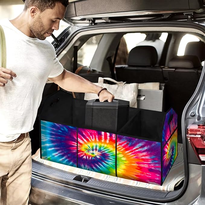 FREZORA Tie-Dye Car Trunk Organizer Storage Box Collapsible Non-Slip Automotive Organizer Vehicle Organization