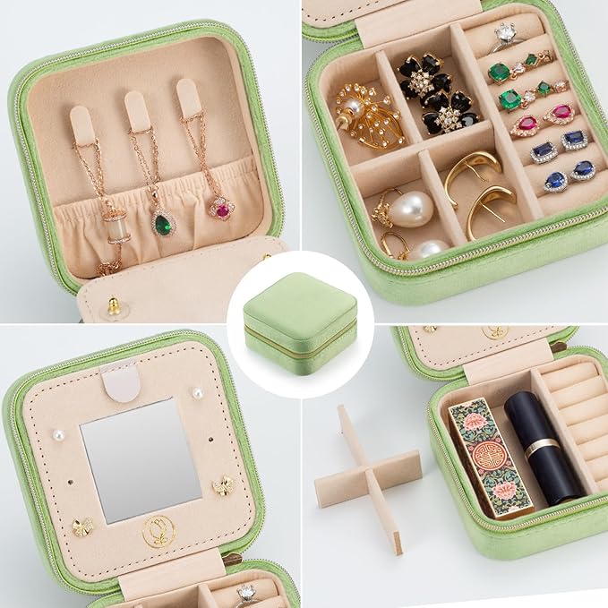 Plush Velvet Travel Jewelry Case Organizer, Small Travel Jewelry Box,Portable Jewelry Box Travel Mini Organizer Portable Display Storage Box For Rings Earrings Necklaces (Grass Green)