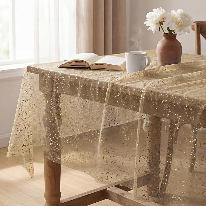 Horaldaily Coffee Gold Gauze Tablecloth 60x60 Inch Square, Golden Sequin Glitter Metallic Foil, Sheer Tulle Cheesecloth for Wedding Baby Shower Ceremony Birthday