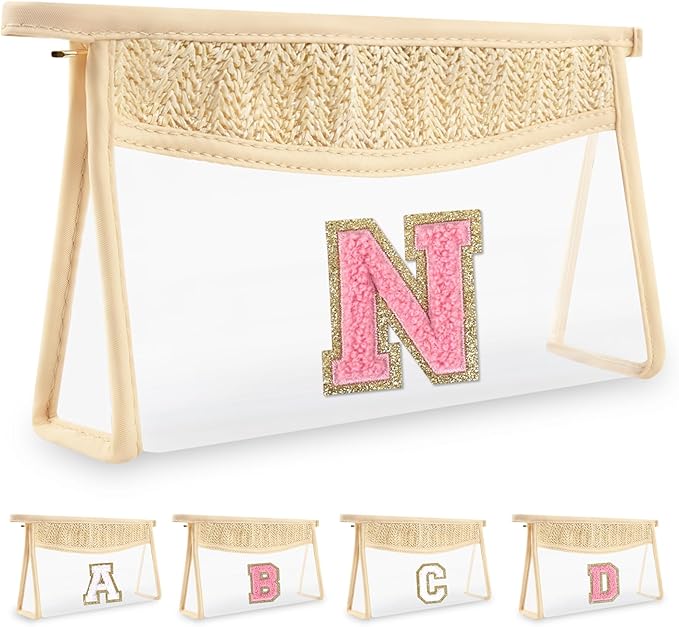 Small Boho Straw Initial Letter Makeup Bag Personalized Gift ,Cute Clear Chenille Patch Makeup Bag With Zipper,Trendy TSA Approved Travel Toiletry Bag,Gift for Women Girls Birthday Friend, Letter N