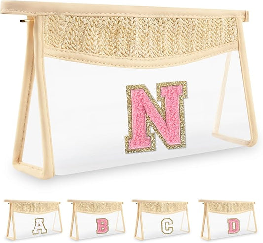 Small Boho Straw Initial Letter Makeup Bag Personalized Gift ,Cute Clear Chenille Patch Makeup Bag With Zipper,Trendy TSA Approved Travel Toiletry Bag,Gift for Women Girls Birthday Friend, Letter N
