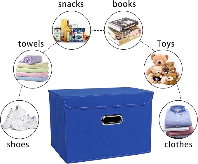 Linen Fabric Foldable Collapsible Storage Cube Bin Organizer Basket Fabric Storage Bins with Lid, Leather Handles, Removable Divider for Home, Closet, Dark Blue 3Pcs