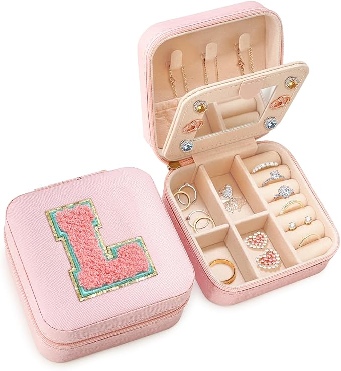 SANDJEST Personalized Jewelry Box, Pink Travel Jewelry Box with Initial L, Small Monogrammed Jewelry Case Organizer for Girls Women Teen Kids, Mini Travel Essentials Gifts for Birthday Christmas