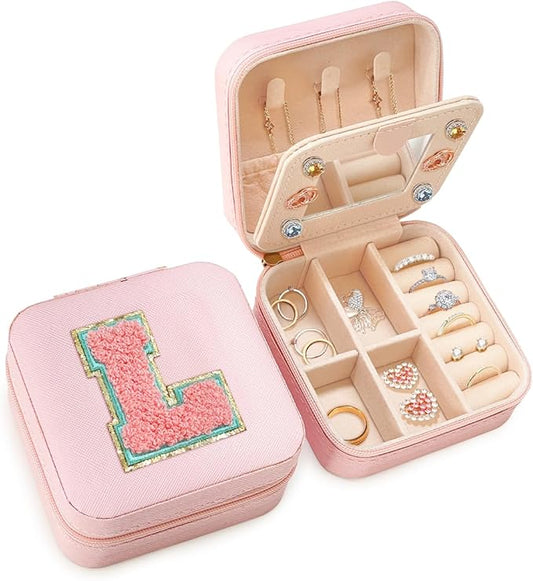 SANDJEST Personalized Jewelry Box, Pink Travel Jewelry Box with Initial L, Small Monogrammed Jewelry Case Organizer for Girls Women Teen Kids, Mini Travel Essentials Gifts for Birthday Christmas