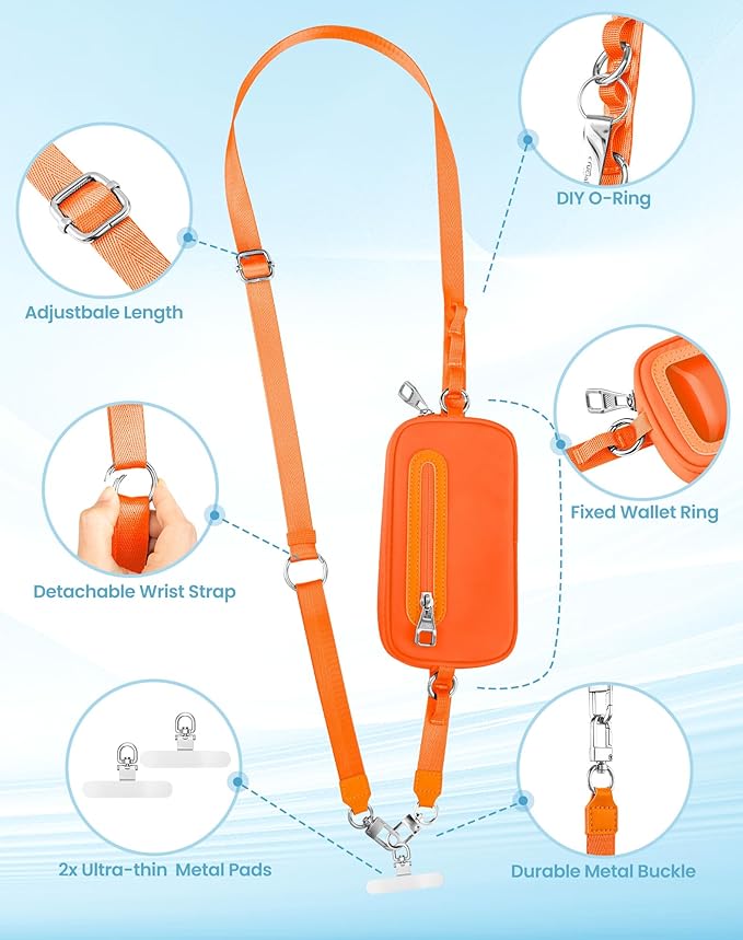 SHANSHUI Clip and Go Phone Lanyard Wallet, Hands-Free Crossbody Strap with Zipper Pocket & ID Window, Includes 2 Metal Tether Pads for Phones, Keys, Earphones, Accessories Orange