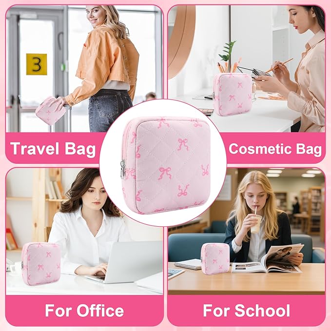 Small Quilted Cotton Makeup Bag for Purse Mini Cosmetic Period Bag for Women Cute Pink Bow Ribbon Makeup Sanitary Pouch Portable Travel Toiletry Bags with Zipper Christmas Birthday Gifts