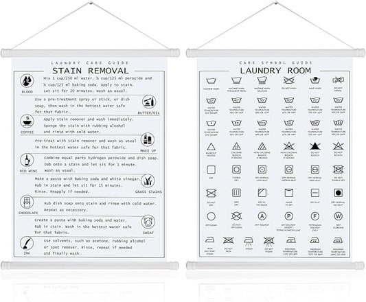 Gersoniel 2 Pieces Laundry Room Decor Laundry Symbols Wall Art Washing Room Hanging Symbols Decoration Stain Removal Theme Sign Clothes Care Room Art Ready to Hang Plaque, 11.8 x 15.7 Inches(White)