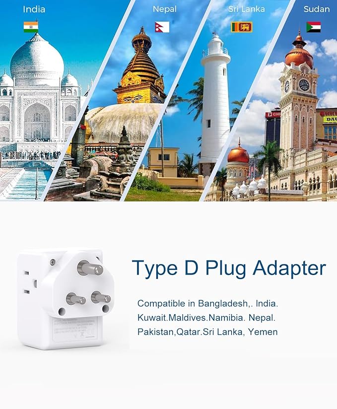 2 Pack India Power Adapter, One Beat Type D Plug Adapter with 3 American Outlets 3 USB Ports(1USB C), 6 in 1 India Travel Plug Adapter for US to India, Bangladesh, Kuwait, Maldives