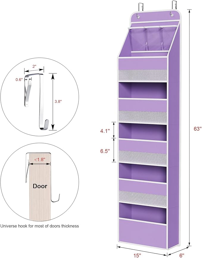 Univivi 6-Shelf Over Door Hanging Organizer Fabric Baby Door Storage with 5 Large Pockets and 3 Small PVC Pockets Wall Mount Hanging Storage Organizers for Baby Essential (Purple)