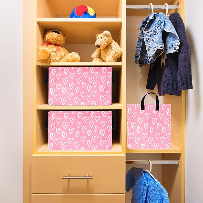 Rec Heart Print Box Hamper Storage Basket Collapsible Organizer Bin Gift Shelf Baskets for Home and Kitchen Storage
