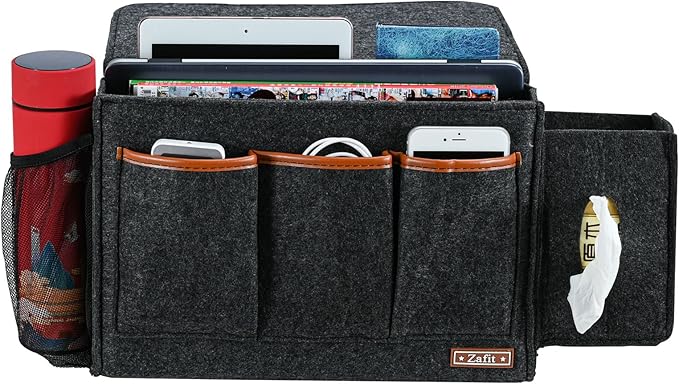 Bedside Caddy, Large Size Storage Organizer - Bedside Organizer for Magazine, Remotes, Phone (13.4'' x 18.1'' Tissue Box Holder, Dark Grey)