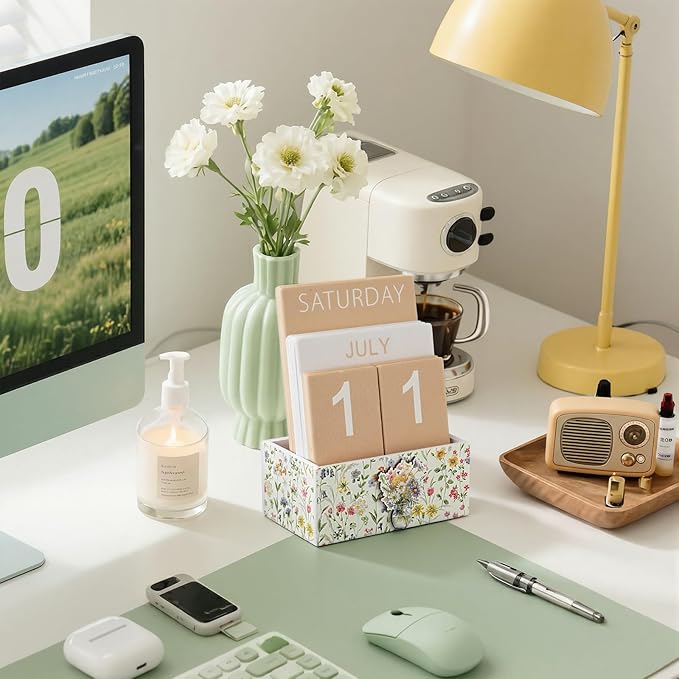 Wildflower Wood Block Perpetual Calendar Coquettish Farmhouse Desk Decor Cute Watercolor Wildflower Month Week Date Display Decorative Block Calendar Office Home Desk Gift for Women