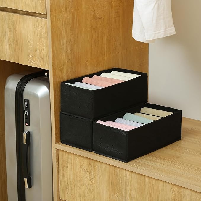 Qozary 3 Pack Sock Underwear Drawer Organizer Dividers, Non-Woven Fabric Collapsible Cabinet Closet Storage Boxes for Clothes, Socks, Lingerie, Underwear, Tie, Belt, Baby, Bedroom (Black, 6 Cells)