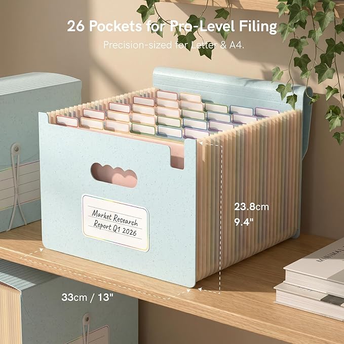 ABC life 26 Pockets Accordion File Organizer, High Capacity Expanding File Folder for Letter A4 Size, Portable Document Holder with A-Z Tabs for Tax Receipt, Teacher & Home Office - Dusty Blue
