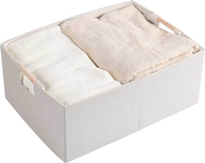Fabric Storage Bin Box Foldable Cotton Linen Storage Basket with Wooden Handles Rectangular Cube Decorative Home Laundry Organizer Clothes Blanket Container - Beige, Small