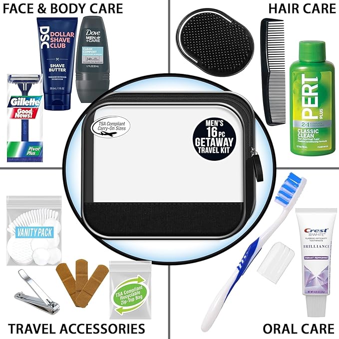 Convenience Kits International Men's 16-Piece Travel Skin Care and Body Care Kit with Shampoo, Body Wash, Lotion, Deodorant in Reusable Toiletry Bag, 40 Count Bulk Case