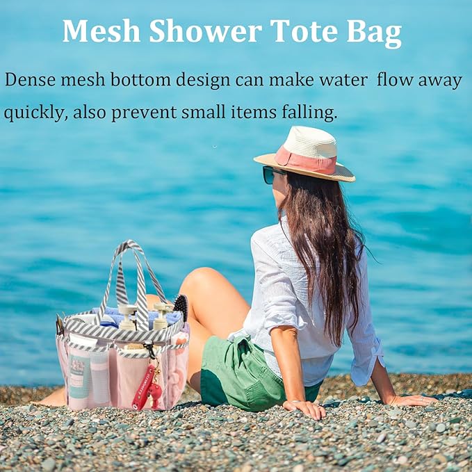 Haundry Mesh Shower Caddy Portable for College Dorm Room Essentials, Shower Caddy Tote with 8 Pockets Large Capacity, Shower Bag for Beach, Swimming, Gym, Pink