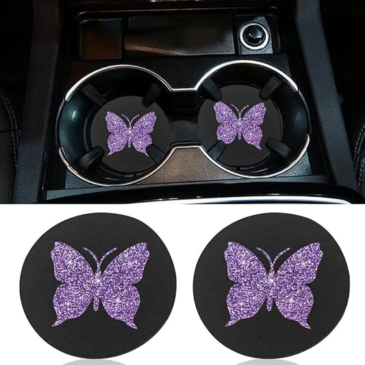 2PCS Bling Butterfly Car Coasters, 2.75'' Anti Slip Insert Cup Holder Coaster, Rhinestone Vehicle Cup Holder Decoration Pad, Universal Auto Interior Drink Water Bottle Mat Accessory (Purple)