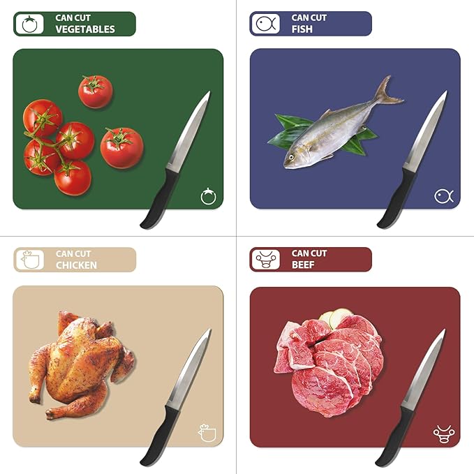 WK Plastic Flexible Cutting Boards for Kitchen Set of 4, Colored Cutting Board Mats with Food Icons, Non-Slip Cutting Mats, BPA Free, Dishwasher Safe