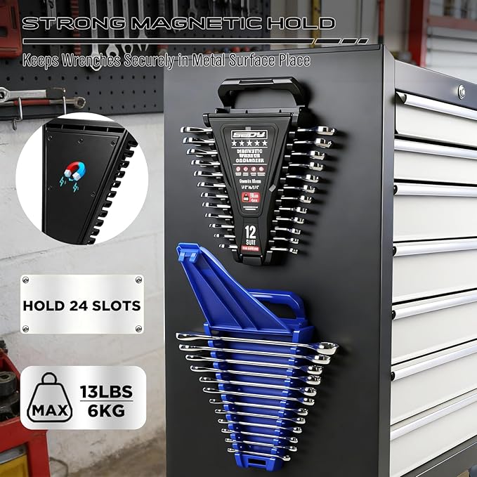 2-Piece Magnetic Wrench Organizer, 24-Slot Wrenches Holder Set with Lock Cover Metric 6–18mm & SAE 1/4-3/4", Wrench Rack Tool Trays with Carrying Handle for Wall Mount Toolbox Drawer Storage