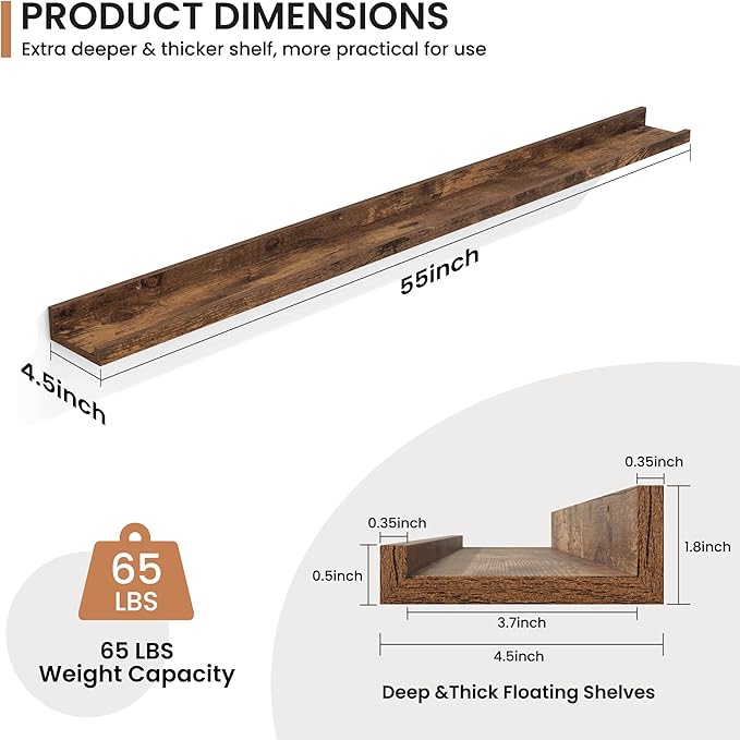 Fun Memories Picture Ledge Shelves Set of 2, 55 Inch Rustic Wall Mounted Floating Shelves with Lip for Home Storage and Decor in Bathroom, Kitchen, Nursery, Bedroom, Living Room, Brown