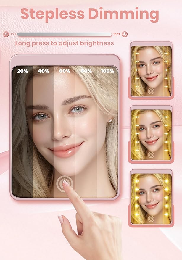 Compact Mirror, Rechargeable 30X Magnifying Mirror with 3 Lighting Modes & Dimmable Brightness, Portable Travel Makeup Mirror with Light, Essentials for Travel, Pocket, Purse, Gifts for Women Pink