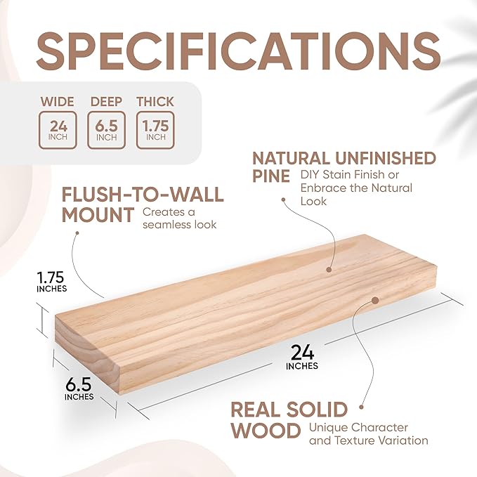 Homeforia 24 inch Wood Floating Shelves, High-End Solid Natural Wood 24-inch Floating Shelf for Wall, Unfinished Wooden 24-inch Floating Shelves, Heavy Duty Bracket, 24 X 6.5 X 1.75 in, Set of 3