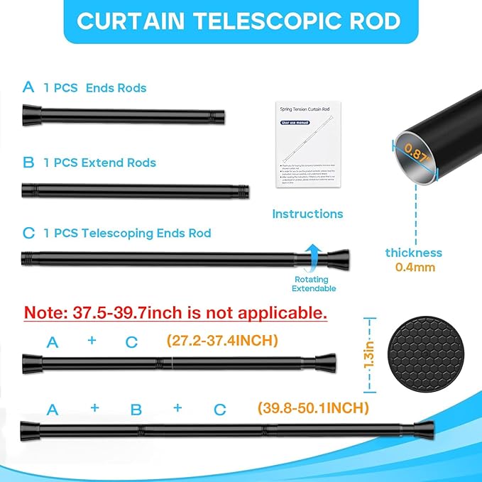 2 Pack Black Tension Curtain Rod for Windows 28 to 48 Inch, 7/8" Small Shower Curtain Rod for Bathroom, Pressure Spring Tension Curtain Rod No Drilling for Closet Doorway Kitchen