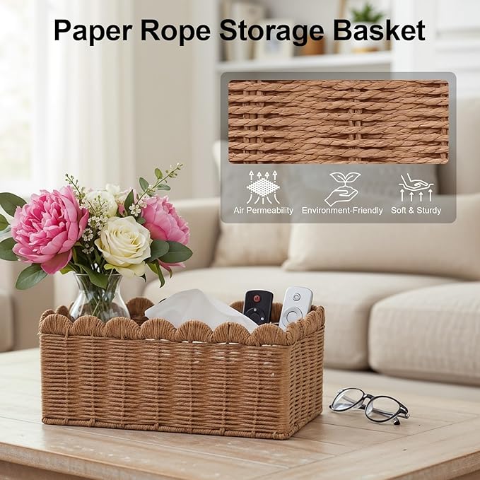 Luckybell 3 Pcs Wicker Baskets for Organizing,Scalloped Baskets, Hand-woven Wicker Storage Cubes, Paper Rope Shelf Baskets for Organizing and Decoration,Brown Basket