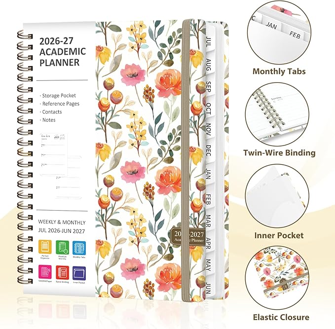 Planner 2026-2027, Weekly and Monthly Academic Planner, July 2026 - June 2027, Hardcover Calendar Agenda Book for School Year Planning, School Supplies for Teacher and Student, A5(6.3'' x 8.5'')