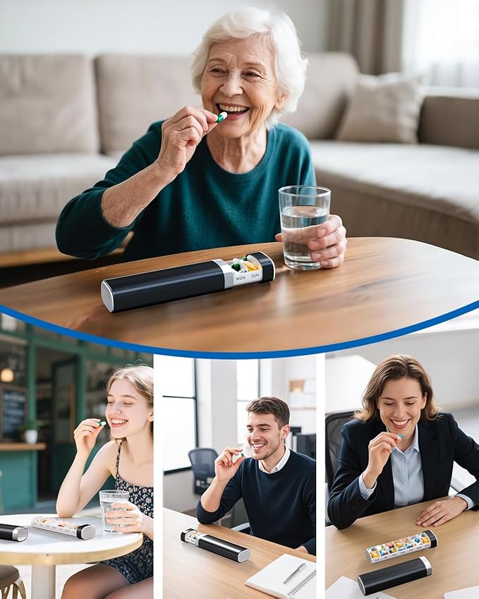 Betife Travel Pill Organizer Weekly 7 Day, Compact Daily Pill Box, Portable Medicine Case, Cute Pill Holder for Vitamins Supplements, Drawer-Shaped Pills Organizer (Black)