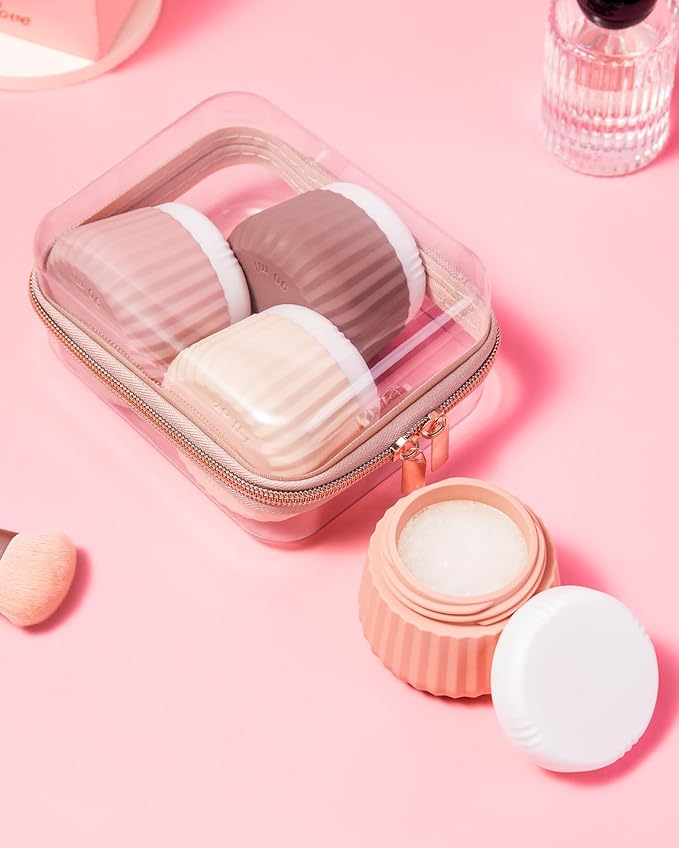 Travel Containers for Toiletries 4 Pack, Clear Hard Zipper Case, TSA Approved Travel Size Toiletries, With Clear Bag Leak Proof Silicone Jars, Cream Jars Carrying Small Items
