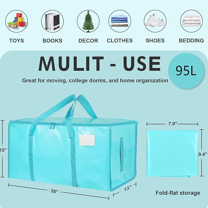 4 Pack-Extra Large Heavy Duty Moving Bags - Waterproof Storage Totes with Handles & Zippers, Foldable for College Dorm, Storage (lake blue)