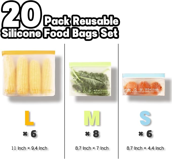 20 Pack Reusable Food Storage Bags,Leakproof Freezer Bags BPA Free Stand Up Sandwich Bags for Lunch Salad Fruit Travel,Dishwasher Safe(6 Gallon,8 Sandwich,6 Snack)