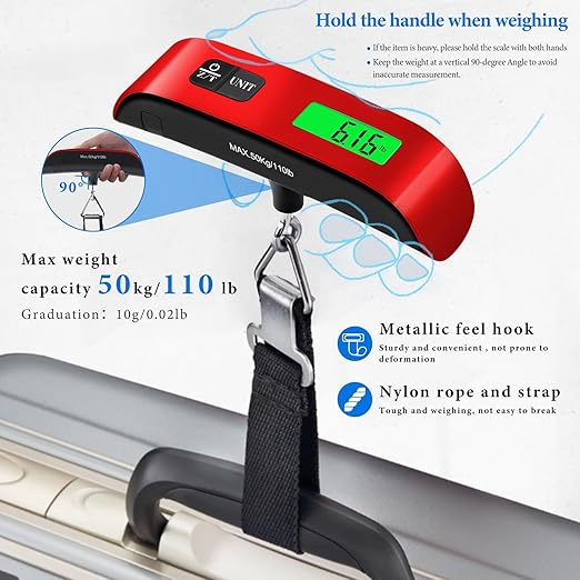 Luggage Scale, 110lb Luggage Weight Scale with 4 Unit Switching Functions & LED Display, Luggage Scale Travel Digital for Weighing Luggage, Backpacks, Packages and Markets (Red)