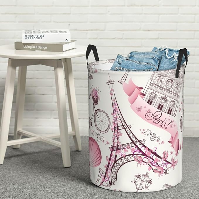 Paris Eiffel Tower Round Laundry Hamper Storage Basket Toys Clothes Organizer Bin For Home Bathroom Bedroom Dorm Nursery, 62l