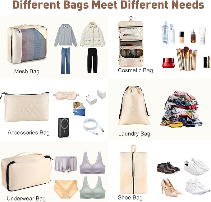 8-Piece Packing Cubes for Travel, Mesh Luggage Organizers with Shoe Bag, Toiletry Bag, Laundry Pouches, 4 Sizes (XL/L/M/S) for Suitcase Organization, Men Women Kids, Beige